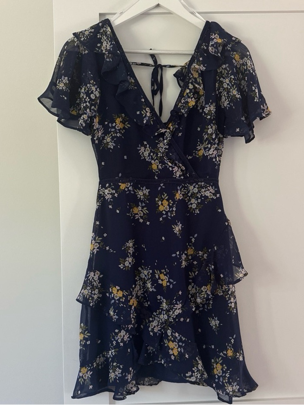 Lulu's Navy Floral Ruffle Wrap Mini Dress